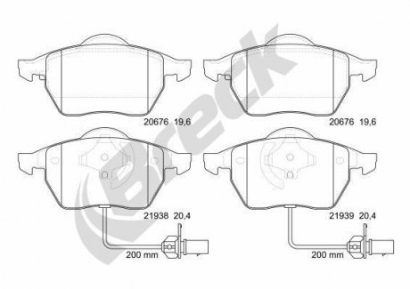 21938 00 701 10 BRECK Колодки тормозные передние с датчиком, тип ATE, VW Golf Jetta Passat. Audi A4 A6. Skoda SuperB. Seat