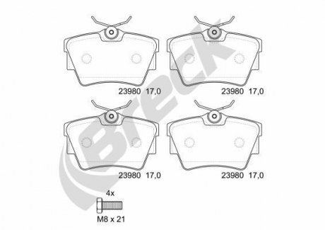23980 00 703 00 BRECK Комплект задних тормозных колодок, дисковый тормоз