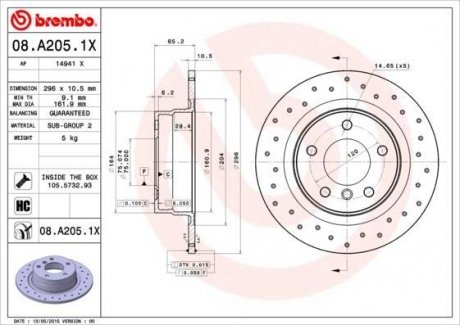 08A2051X BREMBO Диск тормозной перфорированный bmw 1 e81e873 e90 1.6-2.0 04- задний d=296мм.