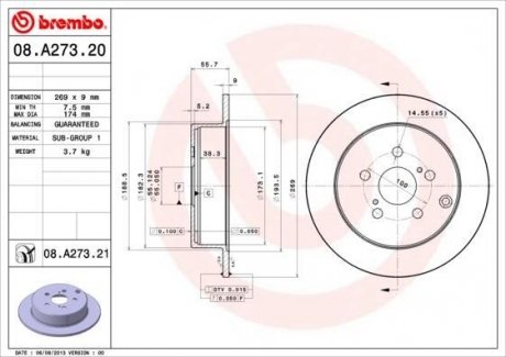 08.A273.21 BREMBO ДИСК ТОРМ ОКРАШ RE TO CELICA 05 PRIUS 09