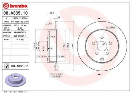 08.A335.11 BREMBO ДИСК ТОРМ ОКРАШ RE TO AVENSIS 0308