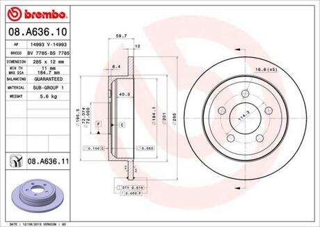 08.A636.10 BREMBO Тормозной диск