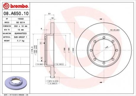 08.A650.10 BREMBO Диск тормозной MOVANO MASTER 10- tyі