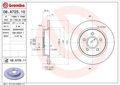 08A72511 BREMBO Диск тормозной brembo painted disc 08.a725.11