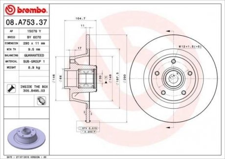08.A753.37 BREMBO Тормозной диск