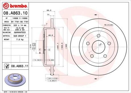 08.A863.10 BREMBO Тормозной диск