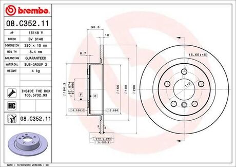 08C35211 BREMBO Диск тормозной bmw 2 f4546 x1 f48 задний d=280мм.