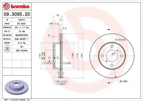 09.3095.20 BREMBO Тормозной диск