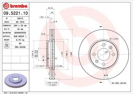 09.5221.10 BREMBO Тормозной диск передний вент.