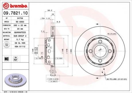 09.7821.10 BREMBO Торм.диск пер.вент.[280x22] 4 отв.[min2]