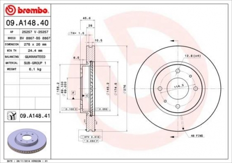 09.A148.41 BREMBO Диск тормозной