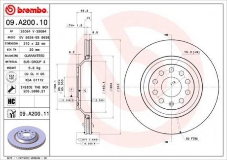 09.A200.11 BREMBO Тормозной диск