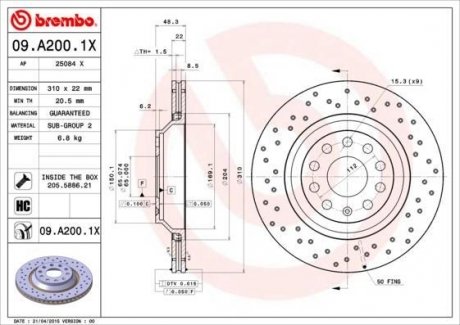 09A2001X BREMBO Диск тормозной задний audi a3 8p1 05030812audi a3 8v1 8vk 0412audi a3 convertible 8v7 8ve 1013audi a