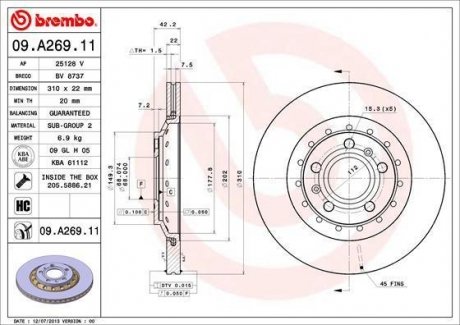 09.A269.11 BREMBO Торм.диск зад.вент.[310x22] 5 отв.[min2]