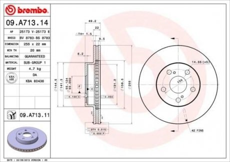 09.A713.11 BREMBO Диск тормозной передний с покрытием toyota prius 03 (кол-во в уп. 2) (255x22x5)