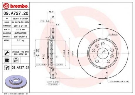 09.A727.21 BREMBO Тормозной диск