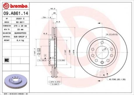 09.A861.14 BREMBO Тормозной диск передний вентилируемый