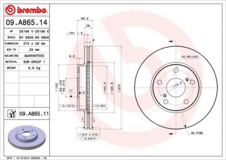 09.A865.11 BREMBO Диск тормозной