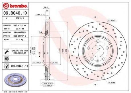 09B0401X BREMBO Диск тормозной перфорированный audi a4a5q5 задний вент.d=330мм.