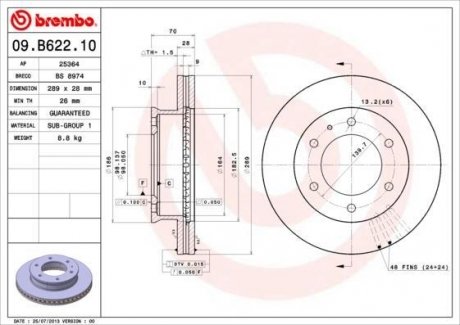 09.B622.10 BREMBO Диск тормозной ford ranger 05-mazda b-serie 99-bt-50 06- передний d=289мм.