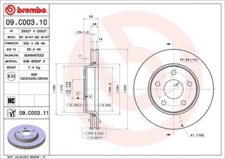 09.C003.11 BREMBO Диск торм. окраш. fr jeep wrangler iii 07-