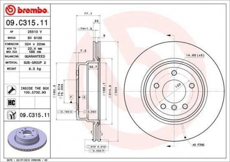 09.C315.11 BREMBO Диск тормозной bmw 1 e8882 07-13 задний вент.d=324мм