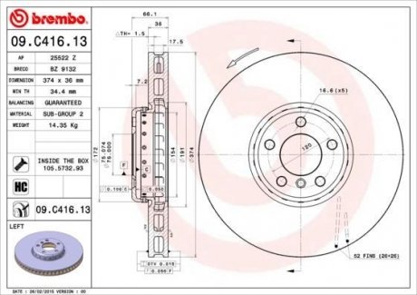 09.C416.13 BREMBO Диск тормозной BMW 5 F07 7 F01 /L /2-elementowa,kompozytowa/
