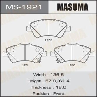 MS1921 MASUMA MS1921 Колодки дисковые MASUMA COROLLA, ADE150, NDE150, NRE150 front (1, 12) MASUMA