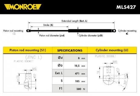 ML5427 MONROE MONROE VOLVO Газовый амортизатор багажника XC90 10/02-