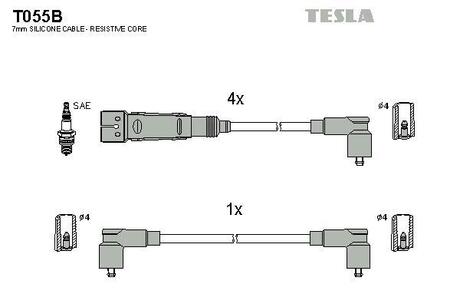 T055B TESLA Кабель зажигания, к-кт TESLA Ibiza, Cordoba 1,6 99-02, Caddy, Polo,Polo Classic,Lupo 1,0;1,4 95-04