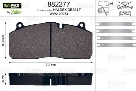 882277 Valeo Колодки тормозные WVA 29274; 210,1x93,8x30