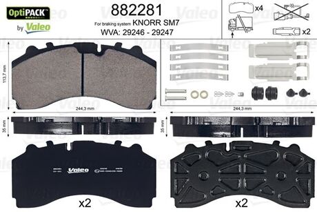 882281 Valeo Колодки тормозные WVA 29246/29247; 244,3x113,7x35