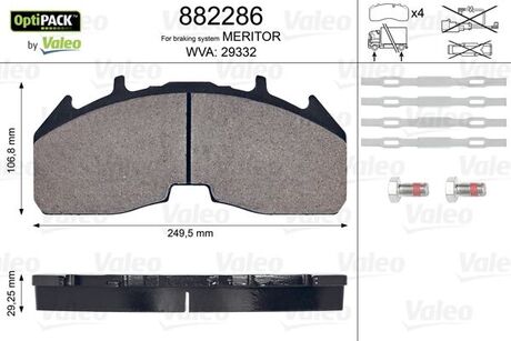 882286 Valeo Колодки тормозные, с монтажным комплектом, WVA 29332