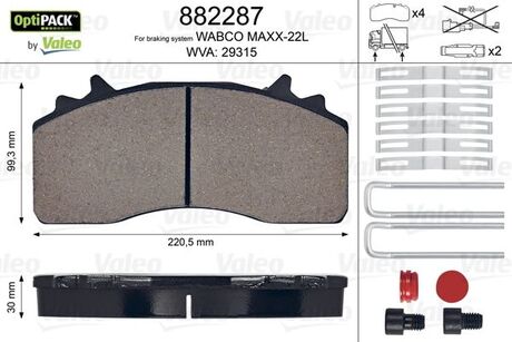 882287 Valeo Колодки тормозные WVA 29315; 220,5x 99,3x30