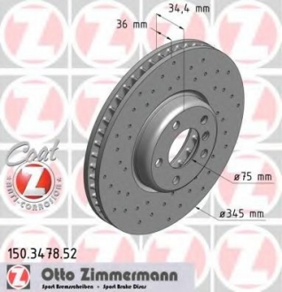 150.3478.52 ZIMMERMANN Диск тормозной перед. лівий BMW 5 (F07, F10, F11, F18), 6 (F12, F13, F06), 7 (F01, F02, F03, F04) 3.0/3.5/4.0D 09-