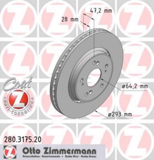 280317520 ZIMMERMANN Тормозной диск передній Honda Civic VII/VIII/CR-V