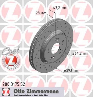 280317552 ZIMMERMANN Тормозной диск перед вент Honda CR-V c 2007г (293
