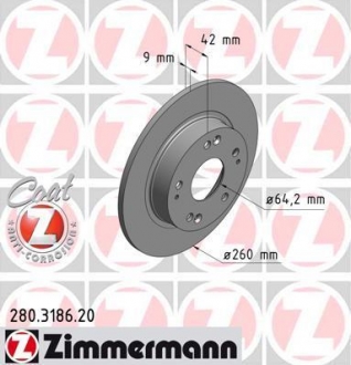 280318620 ZIMMERMANN Тормозной диск зад Honda Civic с 2006г (260x9)