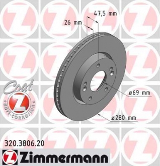 320380620 ZIMMERMANN Тормозной диск перед вент Kia Ceed/Magentis/Sport